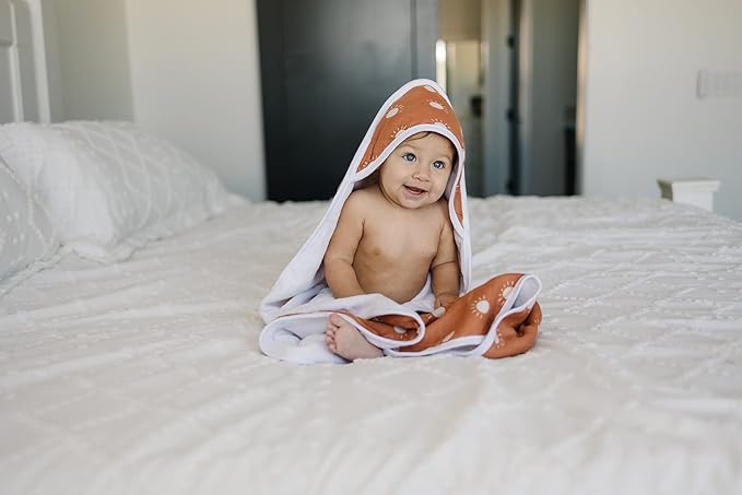 Mebie Baby Muslin Hooded Towel, Sunshine, Cute Hooded Baby Bath Towel for Newborn, Infant & Toddler, Modern Baby Towels and Washcloths for Boy & Girl, Floral & Pattern Hooded Baby Towels