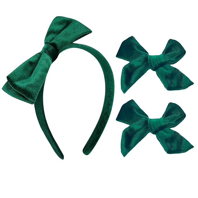 Velvet Green Bow Headband & 2 Pcs 4 Inch Hair Bows Set, Black School Hair Accessories for Little Toddler School Girls (Velvet Green)