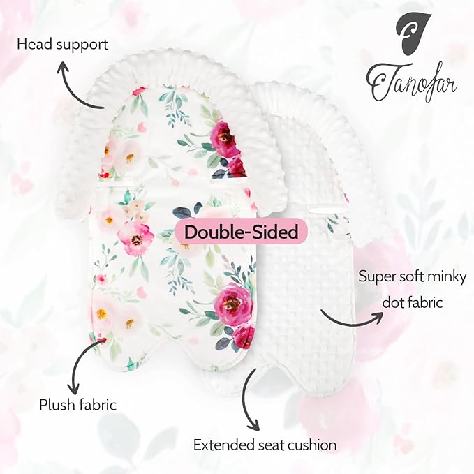 TANOFAR Baby Car Seat Insert and Strap Covers, Gray Carseat Head Support for Girls, Soft Unisex Cushion Fit for Car Seats, Stroller, Bouncers, (Flower)