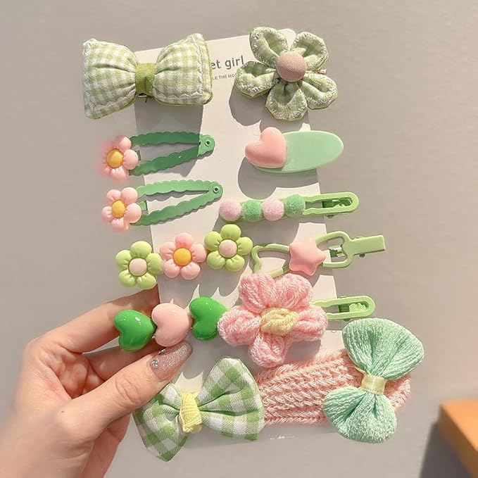 (12 Pcs) Super Cute Lovely Warm Autumn Winter Spring Theme Kid's Hairpin Flower Floral Bear Bowknot Hair Clips Hair Decoration Women Girls Salon Hairstyle Hairdressing Grip -Green