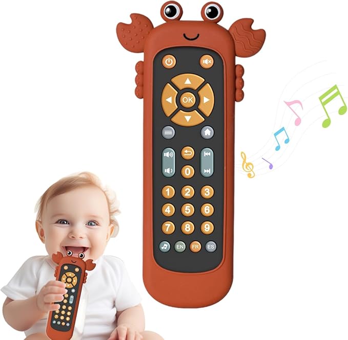 Baby TV Remote Control Toy with Cute Crab Soft Silicone Cover Teething Toy, Realistic Baby Musical Remote Control Toy with Light ＆ Sound, Educational Toys with 3 Language for 6m+Toddlers