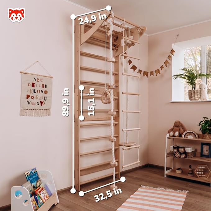 Woodandhearts Swedish Ladder for Kids with Rope Accessories - Indoor Jungle Gym, Indoor Jungle Gym for Kids Ages 3-16, Indoor Climbing Gym (Swedish Ladder of 3 Parts (Natural Wood Color))
