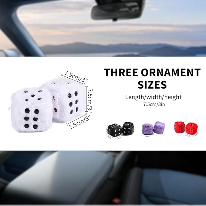Fuzzy Dice Plush for Car Mirror 3Inch Cute Couple Square Dotted Hanging Ornaments,Adjustable Hand Braided Rope Suitable for Bedroom (BST0039-White)