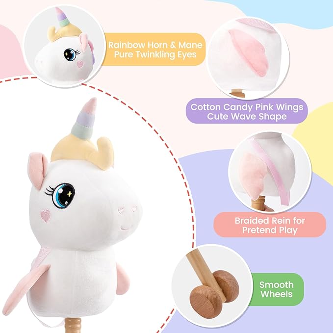 FUNLIO Unicorn Stick Horse for Kids 3+, Rainbow Fairy Hobby Horse with Soft Plush & Wood Wheels, Neighing and Galloping Sound for Pretend Play & Creativity, Horse Toys Gift, CPC & CE Certified - White