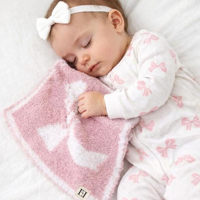 L+L USA Bow Baby Lovey Pacifier/Teether Holder 10"x10" - DreamSoft Plush Fluffy Cuddly Soothie Reversible Mini Comfort Blanket - Cute Girly Newborn Gift Essential for Babies Girls (Pink/White)