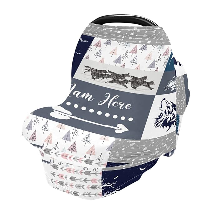 Personalized Baby Car Seat Cover for Boys Girls, Custom Nursing Covers for Breastfeeding with Name, Infant Stroller Cover, Baby Carseat Canopy for Newborn, Multiuse Car Seat Canopies, Wild Wolf