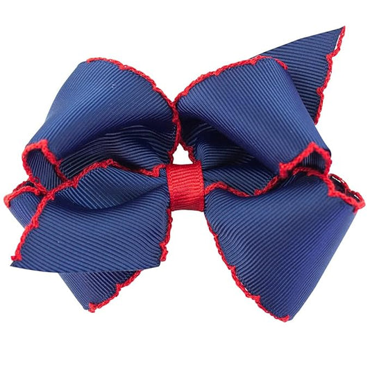 Wee Ones Girls' Classic Grosgrain Moonstitch Edge Hair Bow, No-Slip Hair Clip, Handmade, Navy with Red, Small