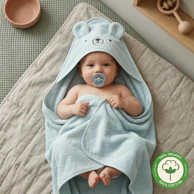 Hooded Baby Towels - 100% Organic Cotton Baby Bath Towels for Baby Boy, 32" x 32" Super-Soft and Absorbent Baby Towels for Newborn (Bear - Baby Blue)