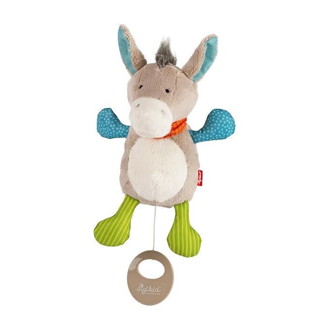 SIGIKID 42891 Mini Donkey Music Box with Soft Melody for Sleeping with Changeable Mechanism for Babies and Children from Birth, Multi-Colour, 20 cm