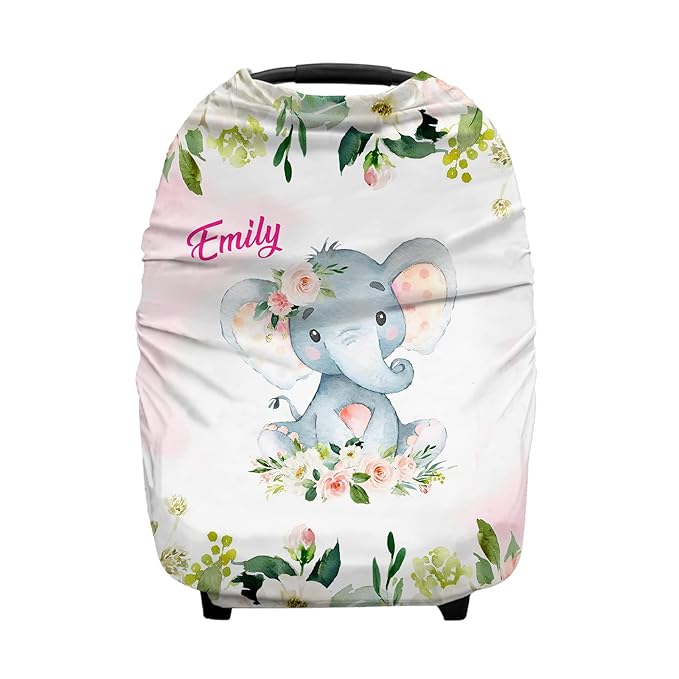 Personalized Baby Car Seat Covers with Name, Custom Nursing Cover Breastfeeding for Babies, Carseat Canopy for Girls, Infant Stroller Cover for Winter, Breathable Carseats Cover (Elephant Rose)