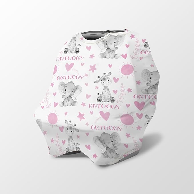 Personalized Baby Car Seat Cover Stroller Canopy: Custom Name Newborn Baby Boy Girl Elastic Animals Nursing Cover for Moms First Birthday Gift Elephant(one Size)