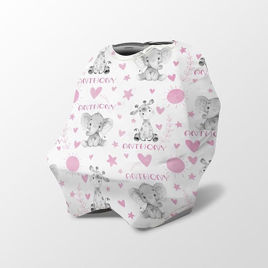 Personalized Baby Car Seat Cover Stroller Canopy: Custom Name Newborn Baby Boy Girl Elastic Animals Nursing Cover for Moms First Birthday Gift Elephant(one Size)