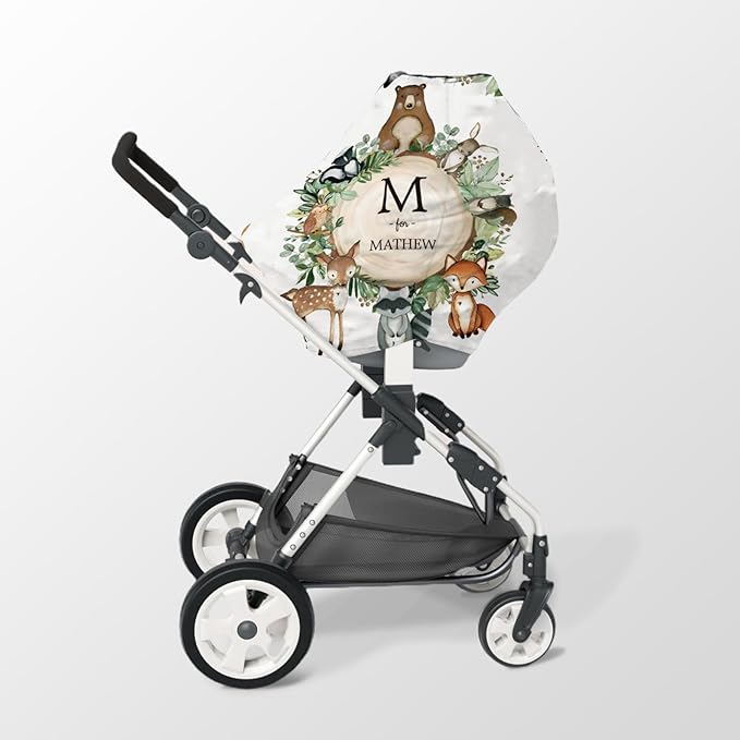 Personalized Baby Car Seat Cover Stroller Canopy: Custom Name Newborn Baby Boy Girl Elastic Woodland Animals Nursing Cover for Moms First Birthday Gift Bear(one Size)