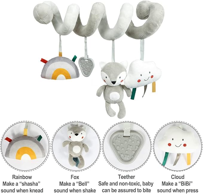 Baby Car Seat Toys, Infant Activity Spiral Plush Hanging Stroller Toys with Squeaker and teether for Car Seat Stroller Crib Bassinet (Grey Fox)