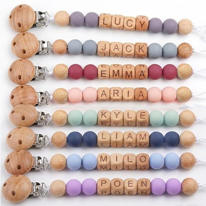Personalized Baby Pacifier Clip with Name - Custom Wooden Letter & Silicone Beads Chain Holder for Boys Girls Newborn Gift