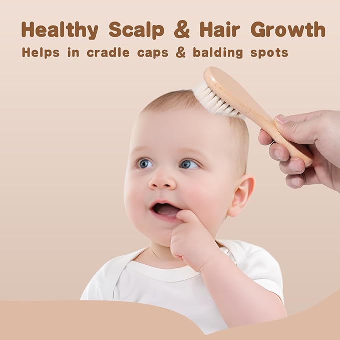 SAMEBUTECO Baby Hair Brush Set,3 in1 Kit,1 Pack Goat Hair Bristles Brush 2 Pieces Silicone Cradle Cap Brushes Wood Handle Newborn Brush for Newborns and Toddlers