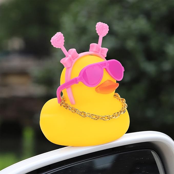 wonuu Car Duck Rubber Duck Car Ornaments Duck Car Dashboard Decorations with Cute Headband Swim Ring Necklace Sunglasses, B-Pink Double Heart Headband