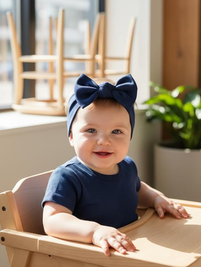 Baby Girl Headbands 0–6 Months – Newborn Infant Soft Cotton Handmade Bow Headband, Stretchy No Mark Baby Hair Accessories (Navy Blue, 0-6 Month)