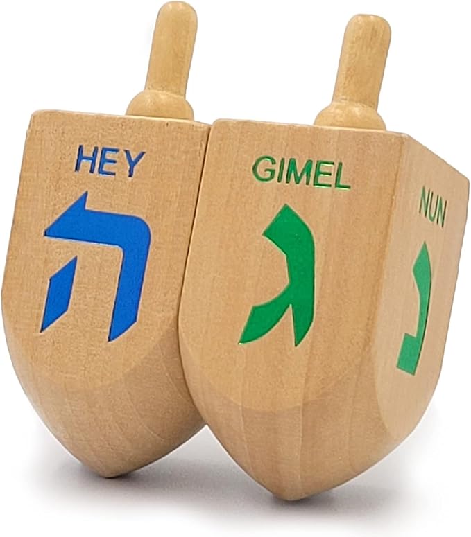 Hanukkah 2-Pack Dreidel Extra Large 3" Inch Wooden Dreidels Natural Wooden with Foil Embossed Hebrew Letters & English Translation. Great for All Kids Ages 3 and up.