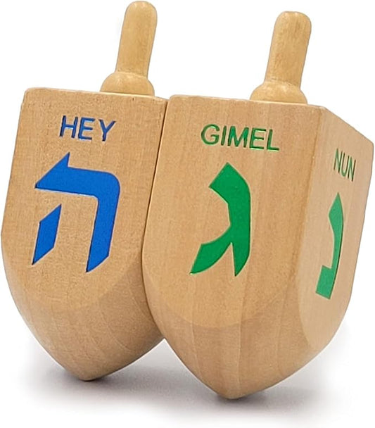 Hanukkah 2-Pack Dreidel Extra Large 3" Inch Wooden Dreidels Natural Wooden with Foil Embossed Hebrew Letters & English Translation. Great for All Kids Ages 3 and up.
