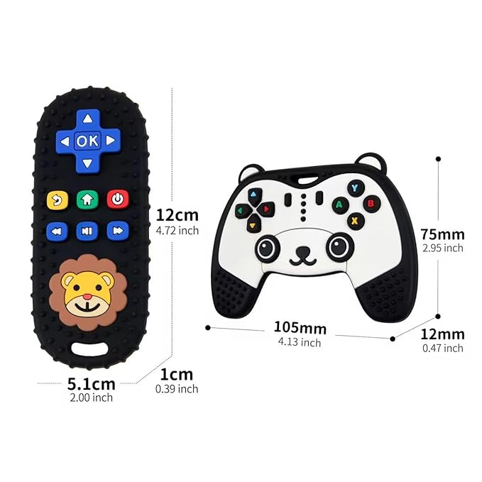 Baby Teething Toy, Soft TV Remote and Game Controller Shape Chew Set, Educational Toy for Intellectual Development, Safe Silicone for Toddler and Infant (Black (Panda Handle + Lion Remote Control))
