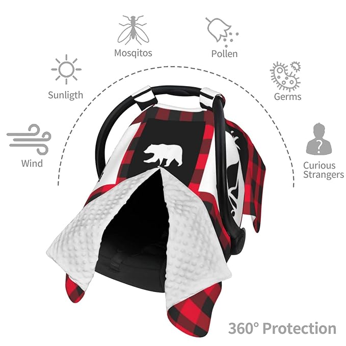 Personalized Red Plaid Deer and Bear Baby Infant Car Seats Canopy for Babies with Name, Custom Multi-use Blankets for Baby Boys Girls, Peekaboo Minky Nursing Stroller Cover Canopies for Newborn
