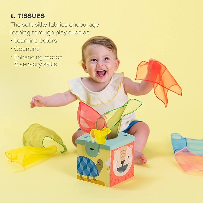 Taf Toys Sensory Baby Tissue Box, Object Permanence Box, Imaginary Play for Infants & Toddlers, Montessori Square Sensory Toys Colorful Pull Scarves, Play Balls & Cards Educational Preschool Learning