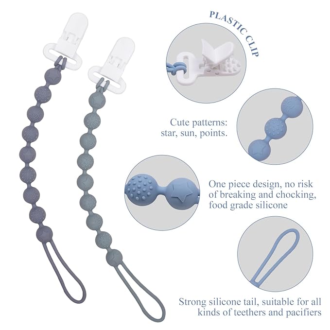 4 Pcs Gray Baby Silicone Teething Pacifier Clip,One-piece Design,Round Shape,Textured Surface,BPA Free.