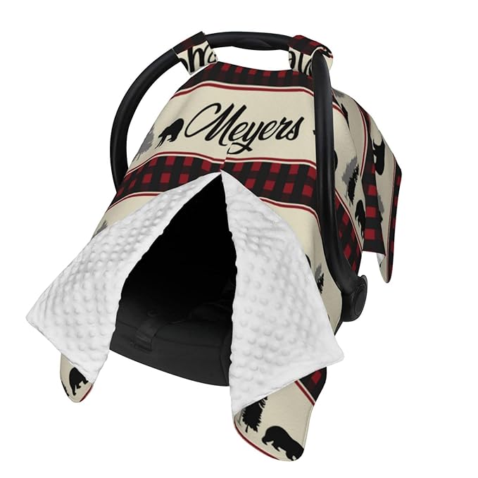 Custom Baby Car Seat Canopy for Babies with Name, Personalized Woodland Bear Baby Car Seats Covers for Boys, Opening Minky Nursing Breastfeeding Stroller Cover Infant Carseat Canopies for Newborn