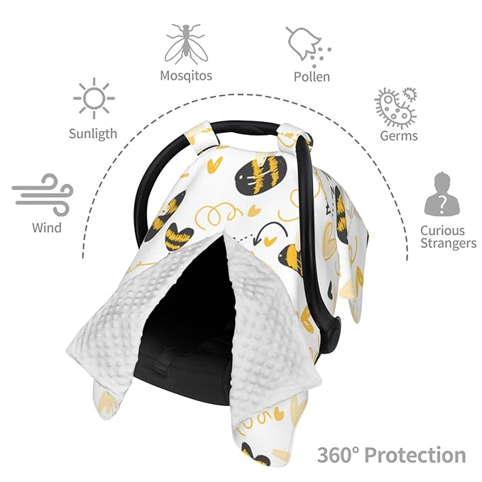 Cute Bees Car Seat Cover for Baby, Peekaboo Opening Carseat Cover Nursing Cover Canopy for Toddler Newborn Shower Gift