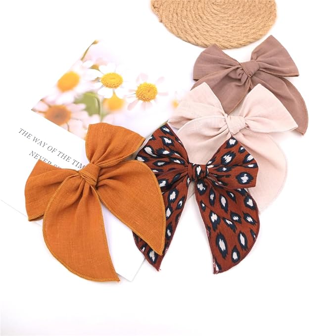 Pack of 4 Gorgeous Fable Bow Hair Clips for Girls Women Linen Hair Bow Alligator Clips Toddler Baby Mom Young Girl Hair Accessories (Camel)