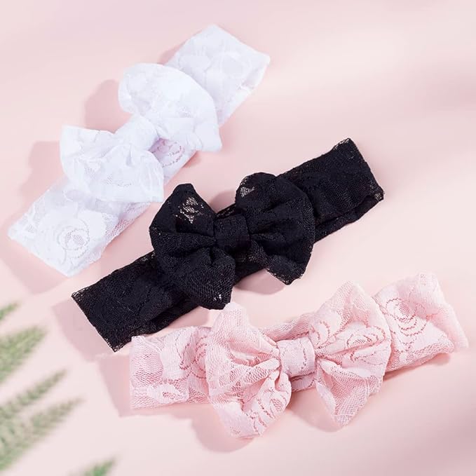 Qiansail Baby Girls Lace Bow Headband Elastics Bow Knot Hairband Headwrap for Newborn Infant Toddlers Kids (White)