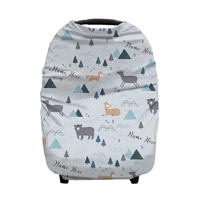 Personalized Woodland Deer and Bear Baby Car Seat Covers with Name, Custom Nursing Cover Breastfeeding for Babies, Carseat Canopy for Boys and Girls, Infant Stroller Cover, Breathable Carseats Cover