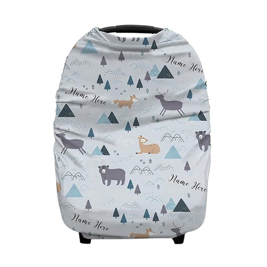 Personalized Woodland Deer and Bear Baby Car Seat Covers with Name, Custom Nursing Cover Breastfeeding for Babies, Carseat Canopy for Boys and Girls, Infant Stroller Cover, Breathable Carseats Cover