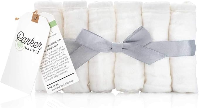Parker Baby Washcloths - 6 Pack of 100% Cotton Muslin Wash Cloths - Soft, Absorbent and Natural - White