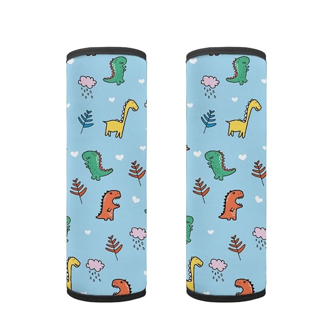 ENLACHIC Kids Car Seat Belt Cover, Cute Cartoon Animal Print Baby Car Seat Strap Pads Infant Car Seat Protector Car Accessories Universal All Cars,Blue Cartoon Dinosaur