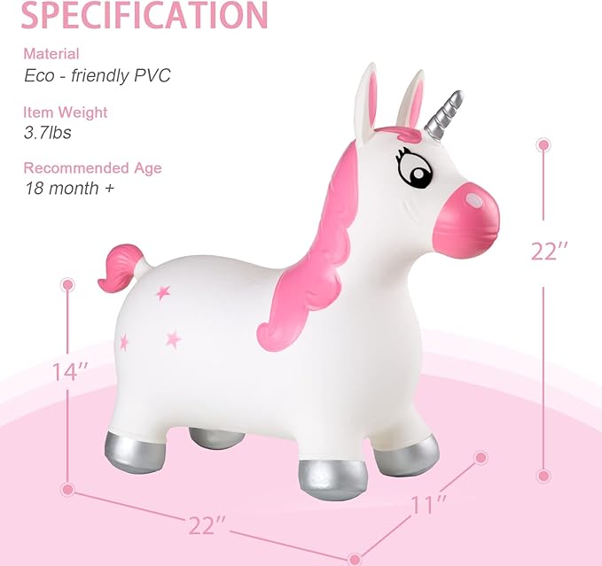 INPANY Pink Bouncy Unicorn Hopper, Horse Hopper, Bouncy Inflatable Animal Ride-on Toy for Children, Boys and Girls, Toddlers (Pump Included)