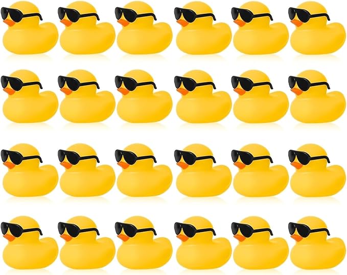 24 Set Mini Rubber Ducks with Sunglasses, Tiny Rubber Ducks Bulk for Car Dashboard Decorations Cruise Birthday Party Favors (Yellow)