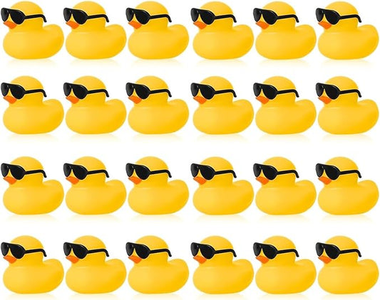 24 Set Mini Rubber Ducks with Sunglasses, Tiny Rubber Ducks Bulk for Car Dashboard Decorations Cruise Birthday Party Favors (Yellow)