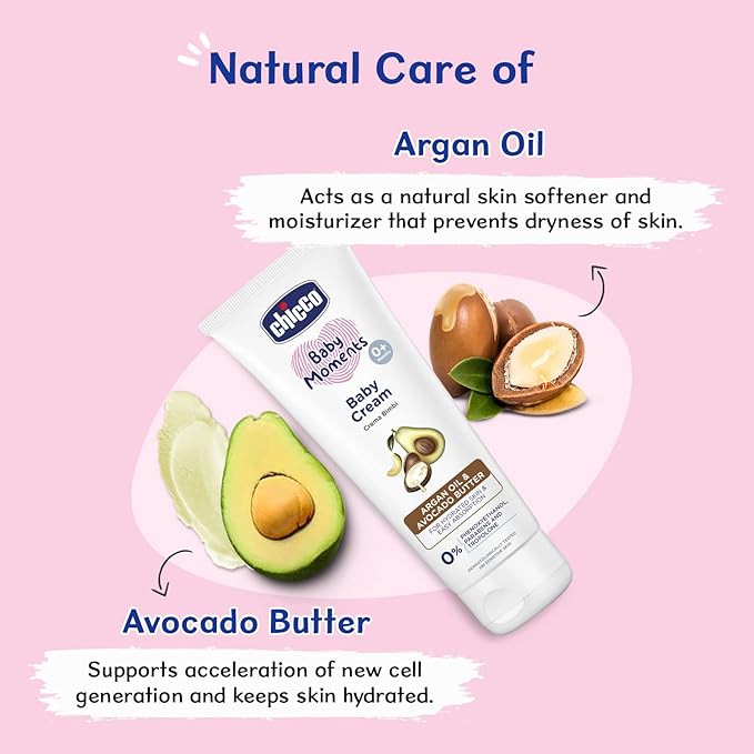 Chicco Baby Moments Baby Cream for Babies with Argan Oil & Avocado Butter, 100g| Natural Ingredients for Hydrated Skin | Dermatologically Tested | Phenoxyethanol, Parabens & Lauryl sulphates free