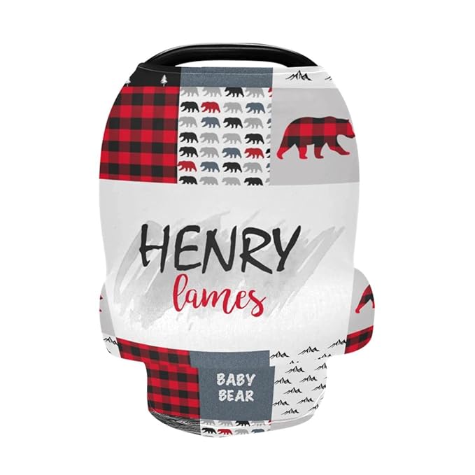 Personalized Baby Car Seat Covers with Name, Custom Woodland Bear Nursing Cover Breastfeeding Scarf for Babies, Carseat Canopy for Boys Girls, Infant Stroller Cover, Multiuse Carseat Cover