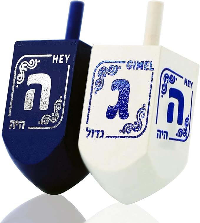 Izzy 'n' Dizzy Hanukkah Dreidels - Extra Large Blue and White Wooden Dreidel - 2 Pack