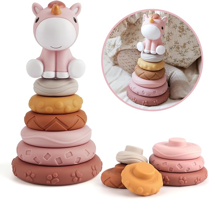 Nueplay Stacking Rings Toy for Baby Girls with Unicorn Topper – 6 Textured Sensory Rings, Squeaky Stacker Set in Pastel Colors, Gifts for 1 Year Old Girls, Baby Shower & Birthday Present