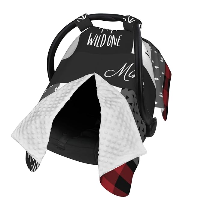 Personalized Woodland Deer Baby Car Seat Canopy for Babies with Name, Custom Red Baby Car Seat Covers for Boys and Girls, Opening Minky Nursing Breastfeeding Cover Infant Carseat Canopies for Newborn
