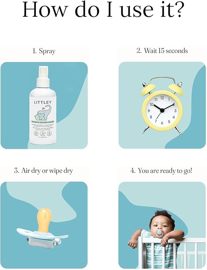 Littley Pacifier & Teether Cleaner | Alcohol‑Free HOCl Spray for Baby Pacifiers, Teethers, Bottles & High‑Touch Toys | Fragrance‑Free | Portable Travel Size |  8 oz