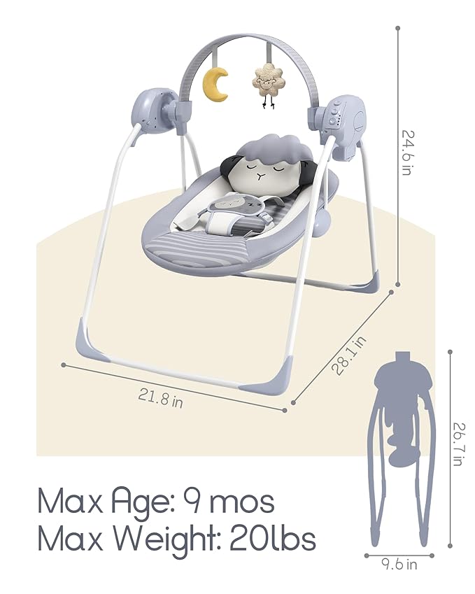 Baby Swings for Infants, Portable Baby Swing with 5-Speed, with Music and Timing for 0-9 Months 6-20 lbs