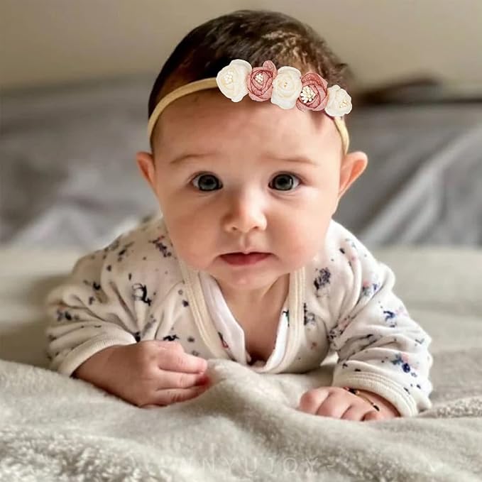 Baby Girl Flower Headbands Set, 3pcs Elastic Nylon Floral Hair Band, Bows Wrap for Infant Newborn Toddler