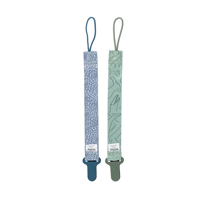Nuby Pacifinder Baby Pacifier Clip Pacifier Holder Clip with Convenient Hook Loop - Blue Dots and Green Dino 2 Count (Pack of 12)