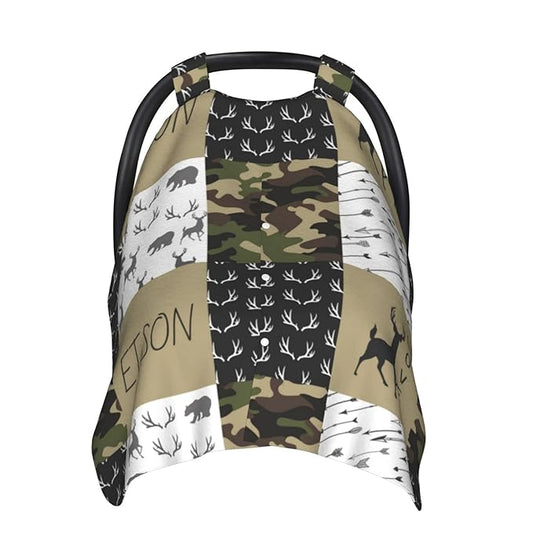 Personalized Green Woodland Deer Baby Infant Car Seats Canopy for Babies with Name, Custom Multi-use Blankets for Baby Boys, Peekaboo Minky Nursing Breastfeeding Stroller Cover Canopies for Newborn
