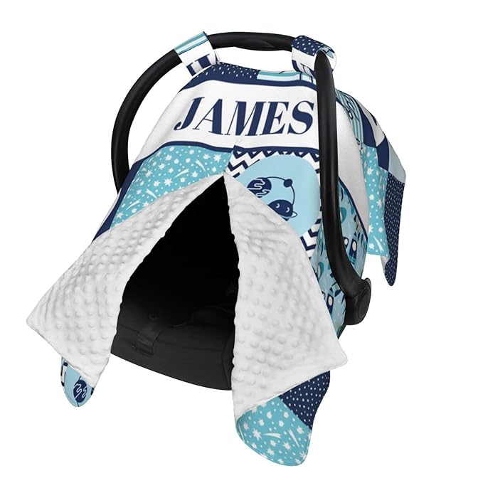 Personalized Minky Car Seat Canopy for Girl Boy, Custom Name Stroller Car Seat Covers Cover for Infant Newborn Shower Gift, Nursing Opening Carseat Cover for Breastfeeding, Rocket
